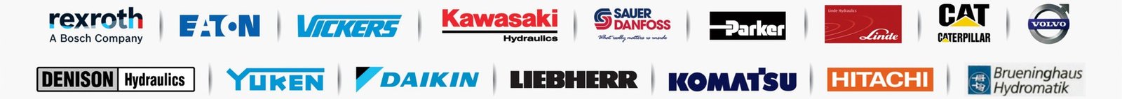 Hydraulic brands serviced by Ultra Tech Engineering — Rexroth, Eaton, Vickers, Kawasaki, Sauer-Danfoss, Parker, Linde, CAT, Volvo, Denison, Yuken, Daikin, Liebherr, Komatsu, Hitachi, Brueninghaus